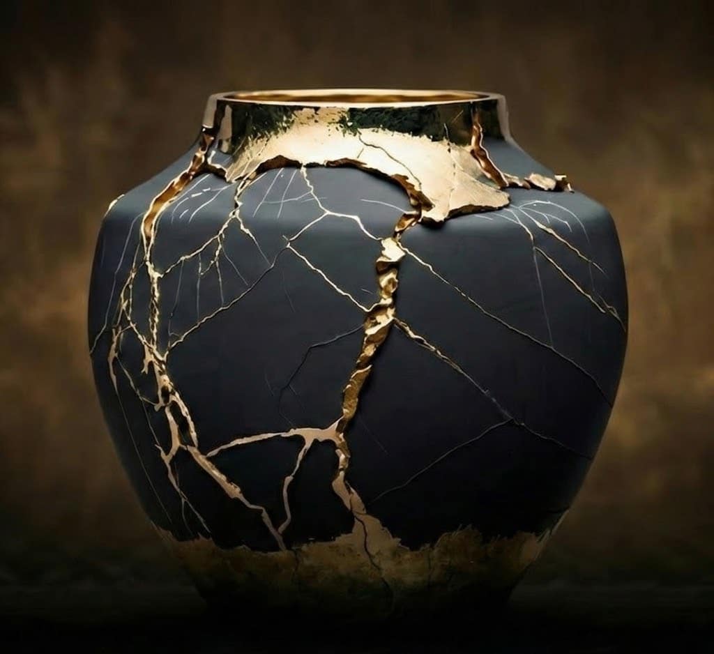 Cracked vase repaired with gold.