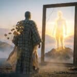 Person gazing into glowing mirror