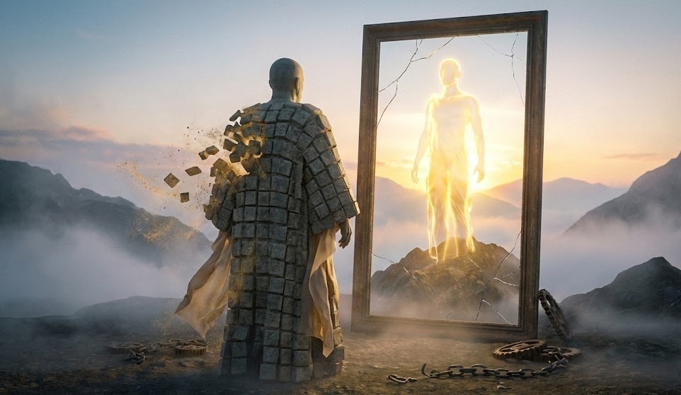 Person gazing into glowing mirror