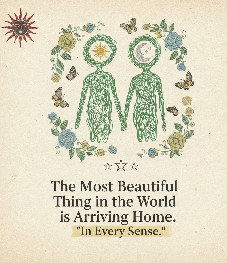 A spiritual illustration of two green ethereal figures holding hands under a sun and moon, with the quote: "The Most Beautiful Thing in the World is Arriving Home. In Every Sense.