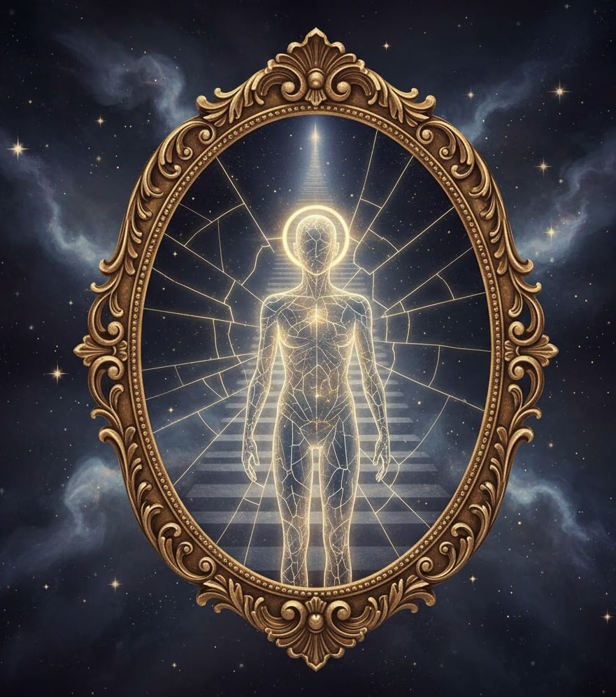 Spiritual Alchemy in Human Relations: An illustration of a glowing human silhouette inside an ornate gold mirror, symbolizing evolution and self-awareness.