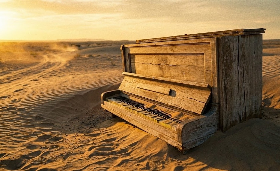 Spiritual Journey, Abandoned piano in desert landscape.