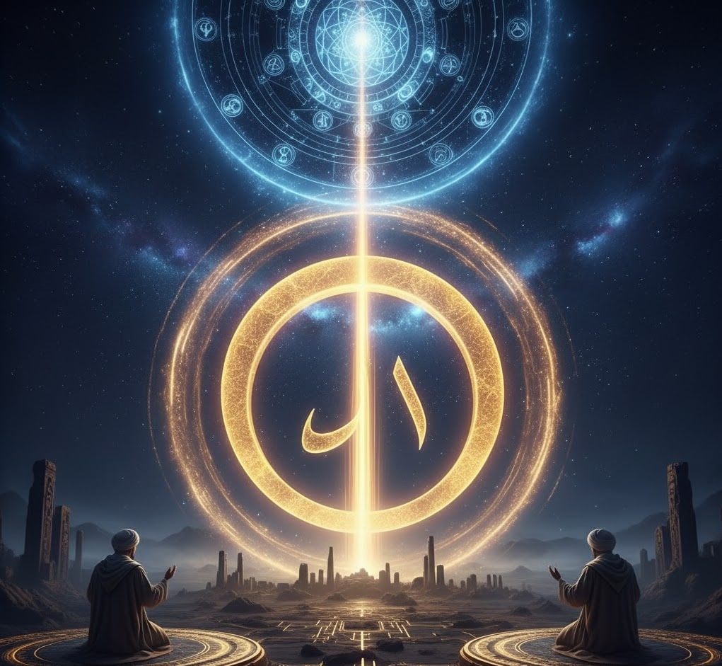 A cosmic engineering blueprint representing the Bismillah frequency, bridging the gap between the 'Original Model' (Rahman) and its material manifestation (Rahim).