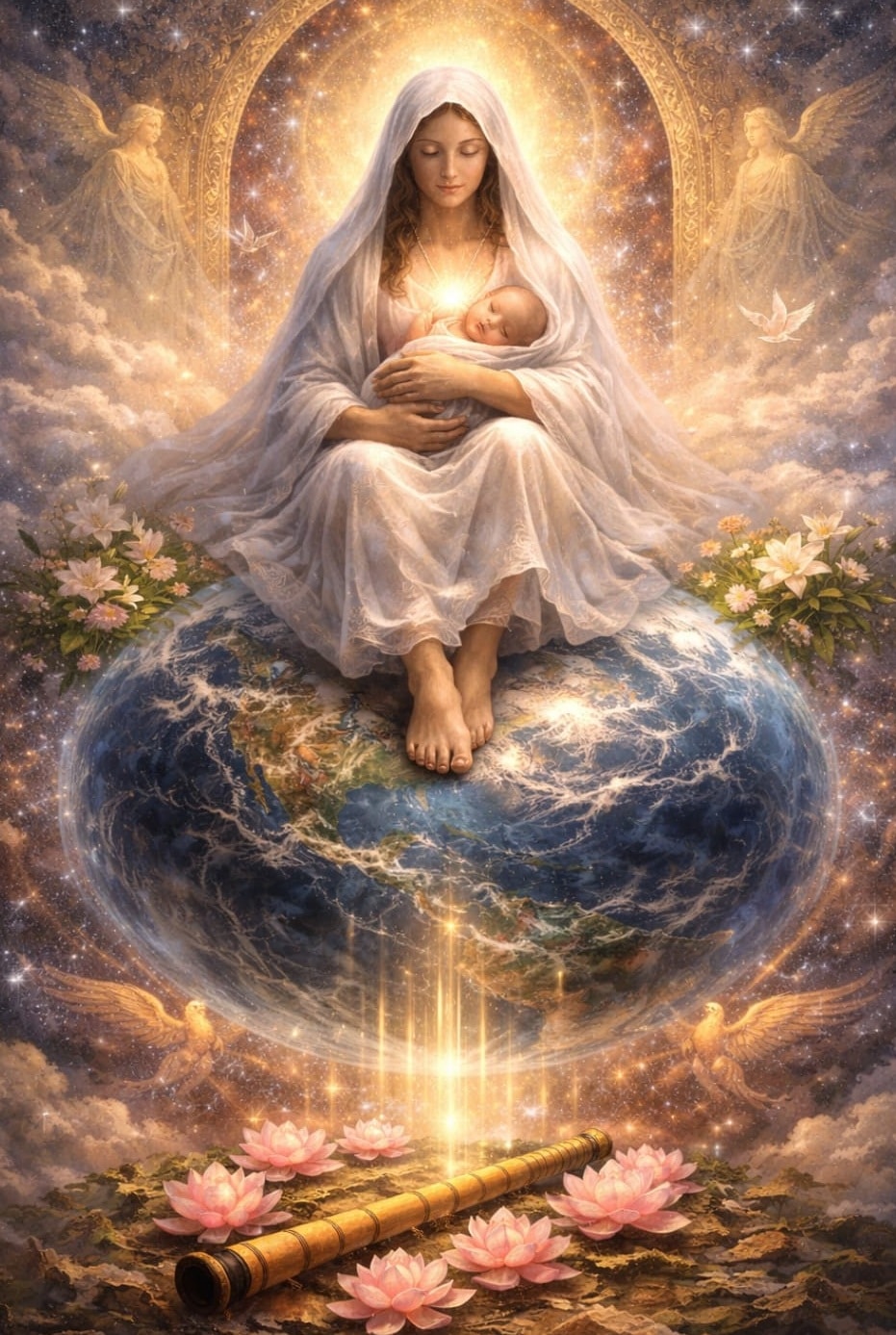 Paradise Lies Beneath the Feet of Mothers: A mystical illustration symbolizing the soul's transition into matter and the mother archetype.