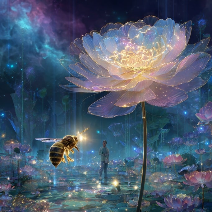 Cosmic gardener tending to an inner garden to attract divine aid, representing the Law of Merit and Evolution.