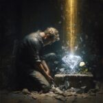 Man kneeling before glowing diamond.