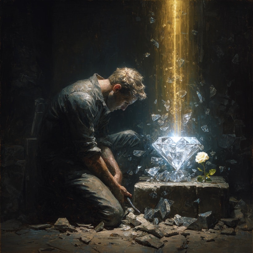 Man kneeling before glowing diamond.
