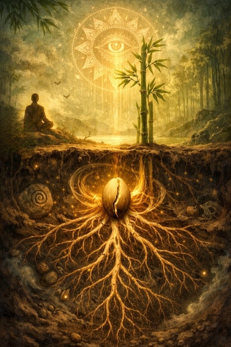 Spiritual growth and the **Patience and the Law of Gradualness** represented by bamboo roots.