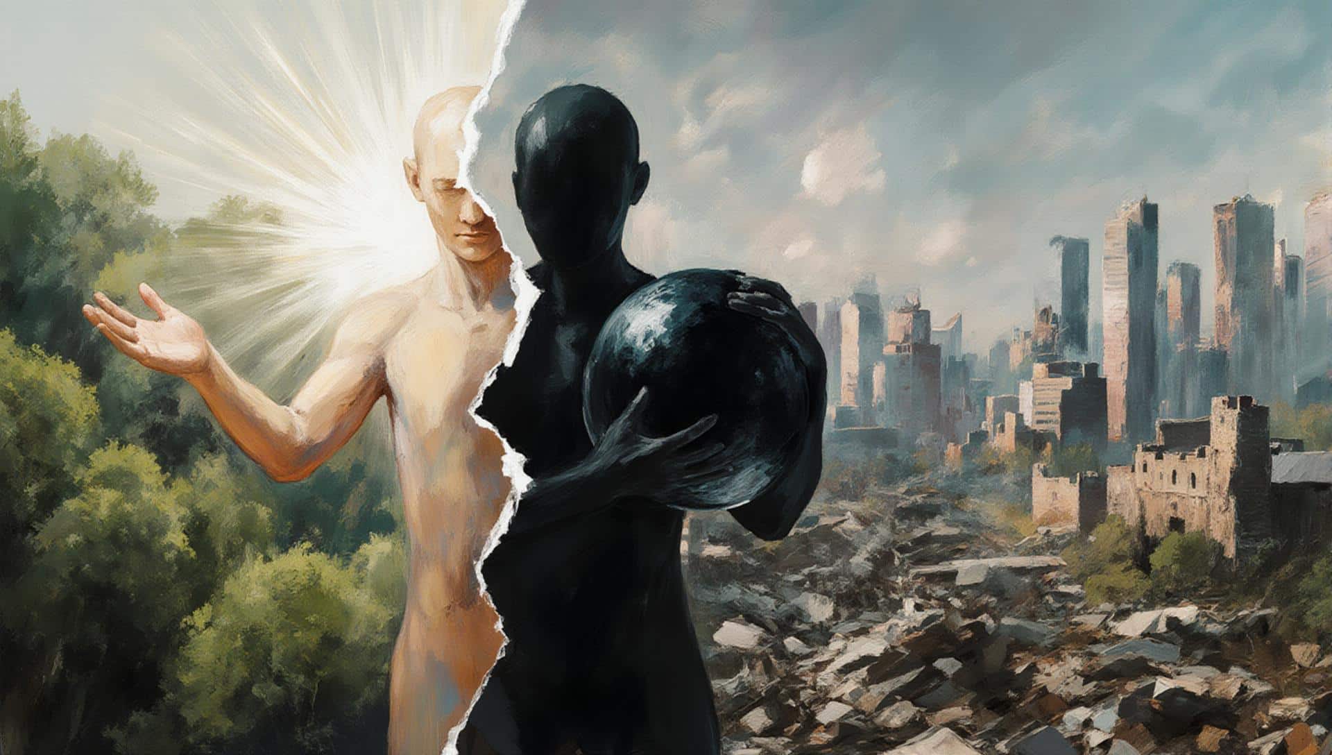 Contrast between Altruism and Nefsaniyet: A dark figure trapped in egoism versus a luminous spiritual being radiating universal love.