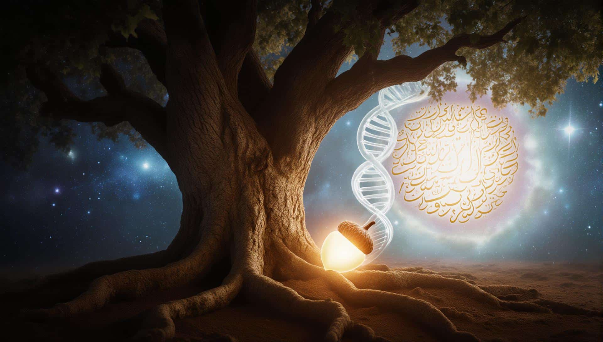 The Secret of the Father: Spiritual illustration of the tree of life, DNA strands, and ancestral healing.