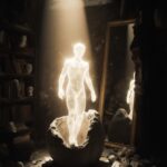 Spiritual journey of human existence: A soul emerging from a stone shell into divine light, representing awakening and Ruhsal Derinlikler.