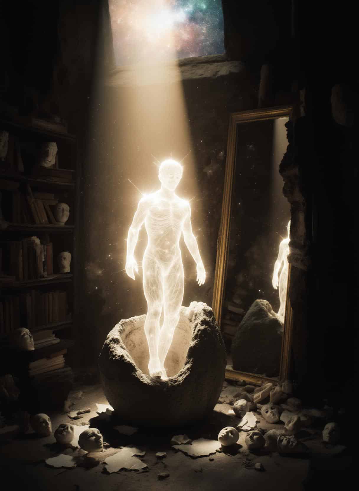 Spiritual journey of human existence: A soul emerging from a stone shell into divine light, representing awakening and Ruhsal Derinlikler.