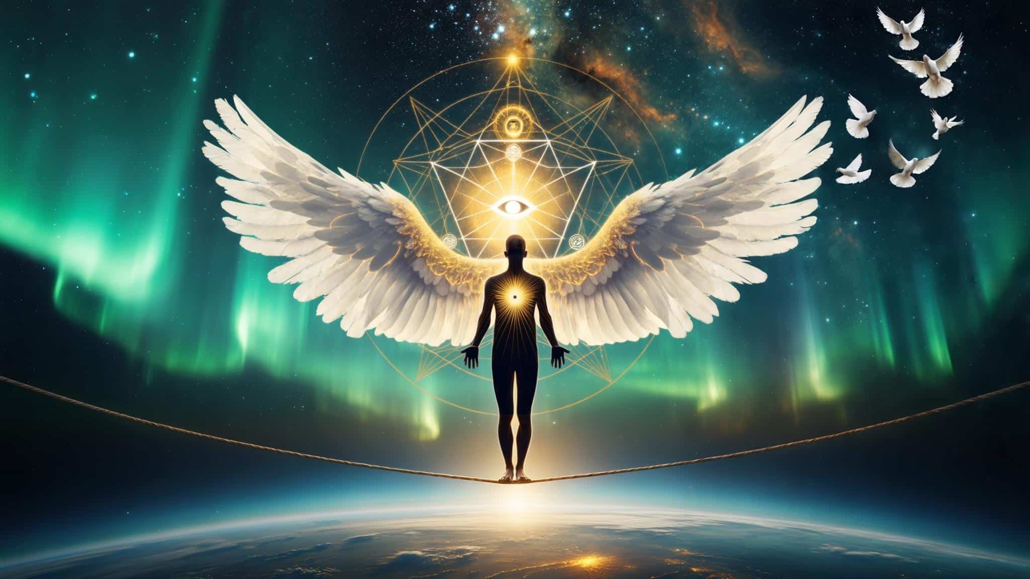 Freedom and responsibility in balance: a human figure poised on a luminous tightrope with two wings, an awakening eye of conscience in the chest, doves and aurora, the soul's two wings