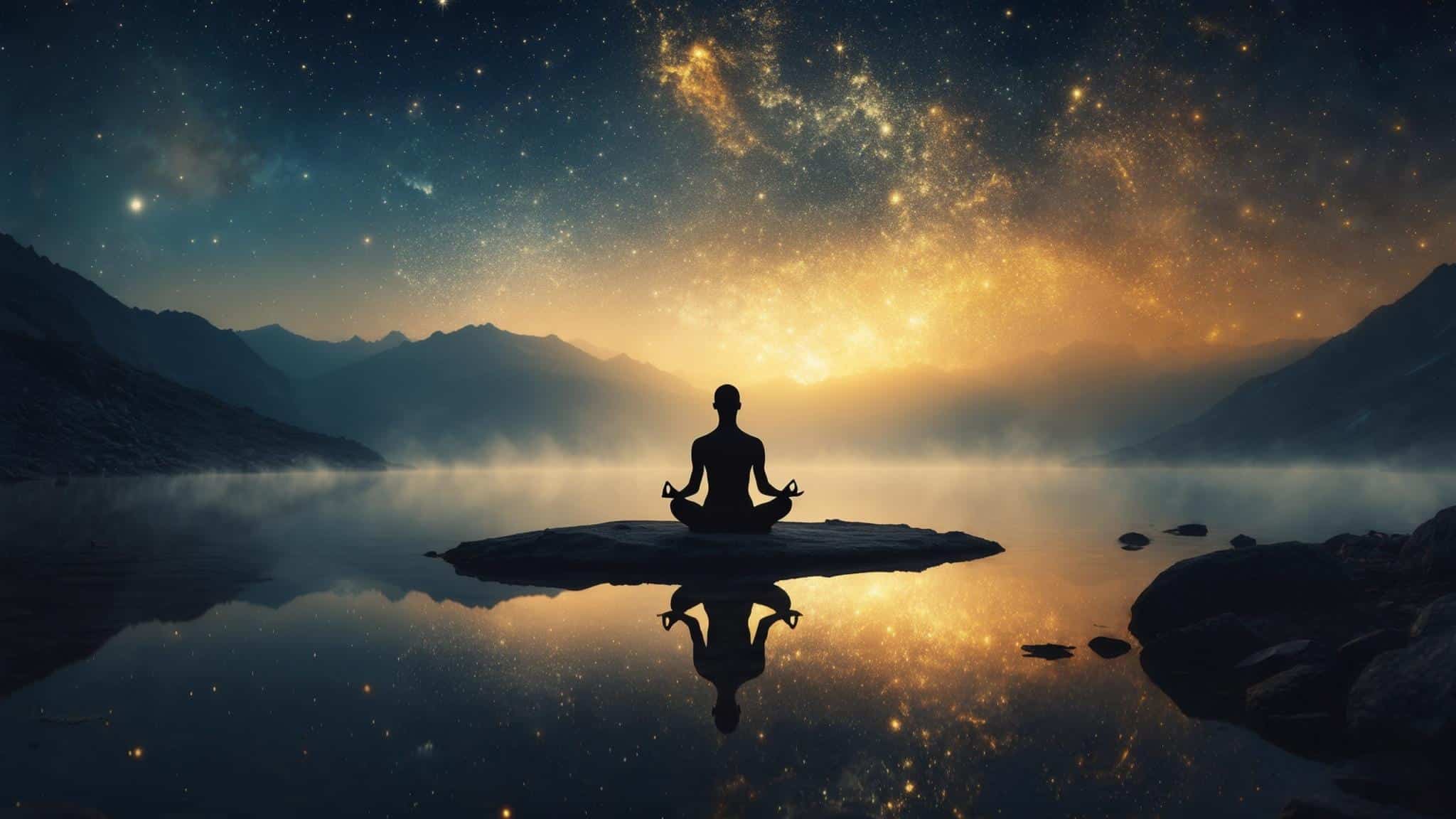 Seeing things as they are - a meditator silhouetted at a still alpine lake reflecting cosmic stars at dawn