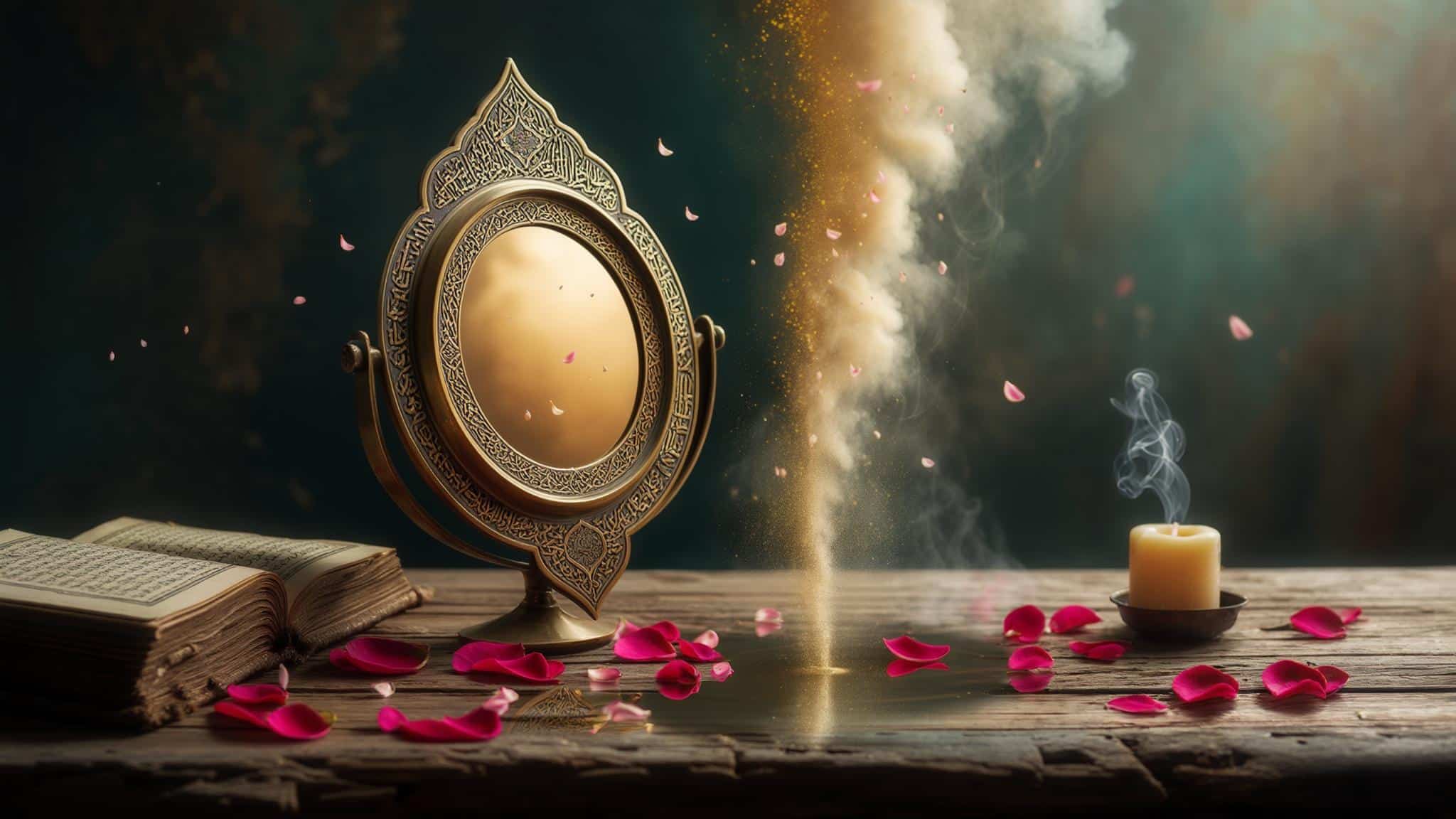 Station of acceptance: confronting the reflection in the mirror — Sufi tasawwuf themed bronze mirror, ancient poetry book, rose petals, candlelight