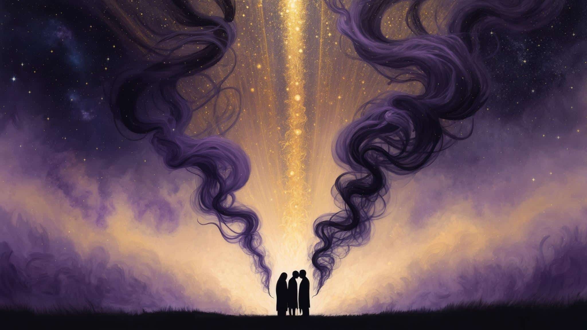 A spiritual illustration symbolizing the transformation of the energetic darkness of gossip and slander into divine light