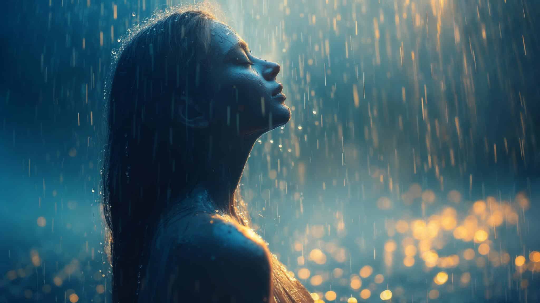 Feeling the rain — a serene figure with face turned upward and eyes closed, experiencing each drop beneath a luminous rainfall