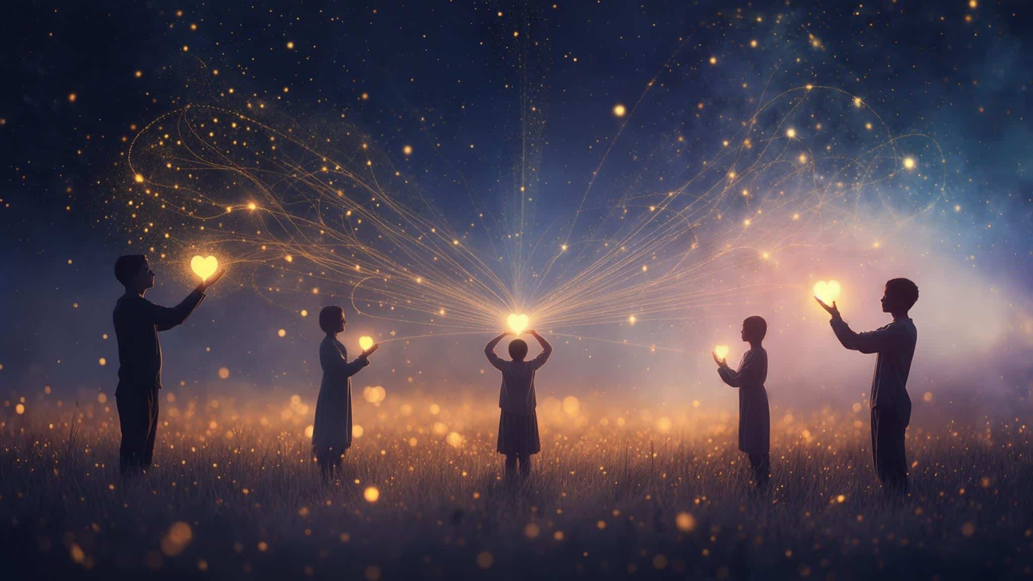 Hoffnung in Menschen nie verlieren: Menschensilhouetten mit leuchtendem Lichtsamen im Herzen, kosmische Liebe und göttliche Verbindung