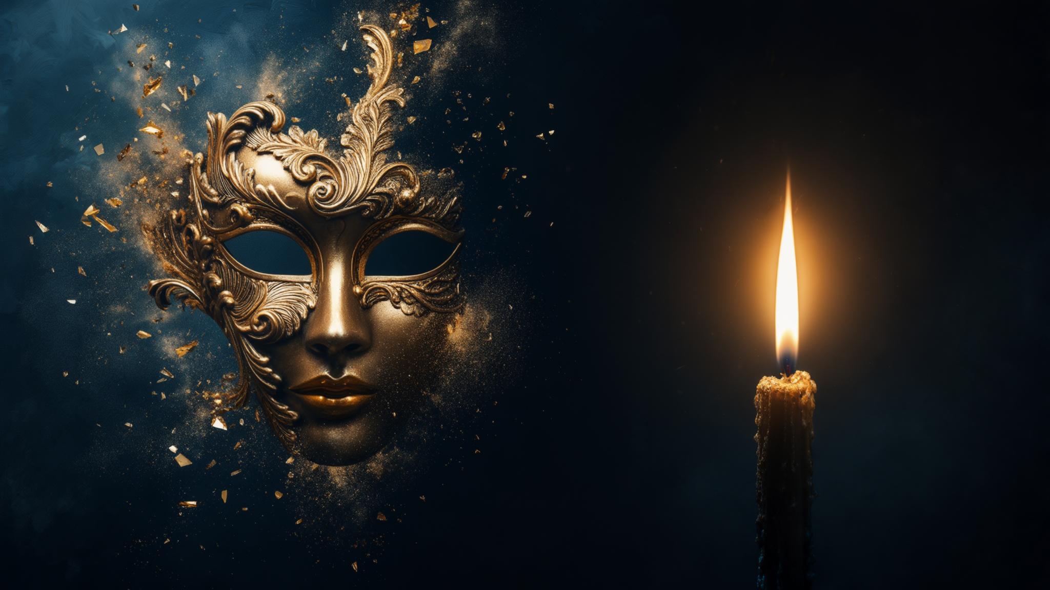 Vainglory spilling from a shattering gilded mask, and a single flame burning silently in the dark - the silent dignity of truth