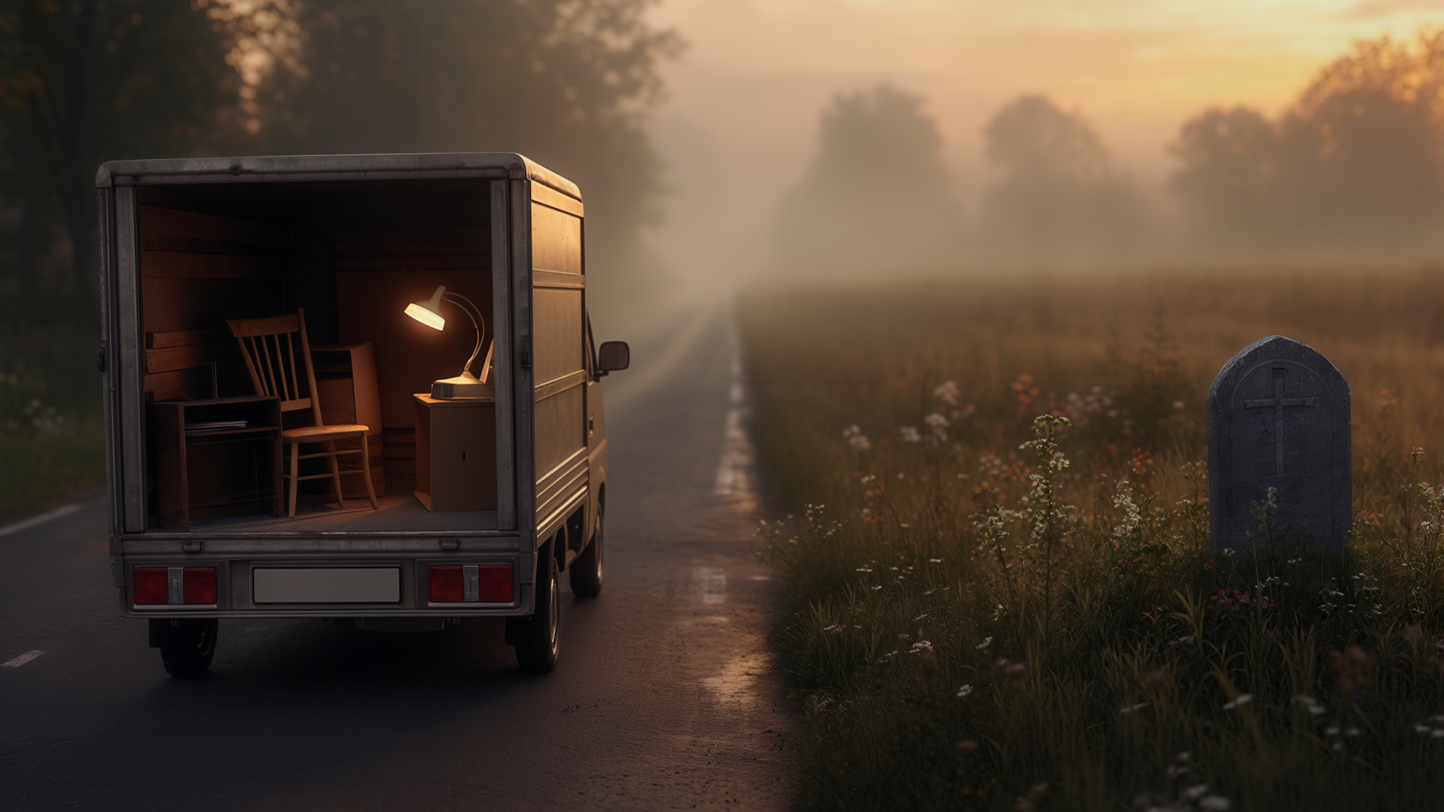 Serenità e umiltà: al crepuscolo, un camion dei traslochi pieno di oggetti e in lontananza una semplice lapide — metafora del non esagerare se stessi