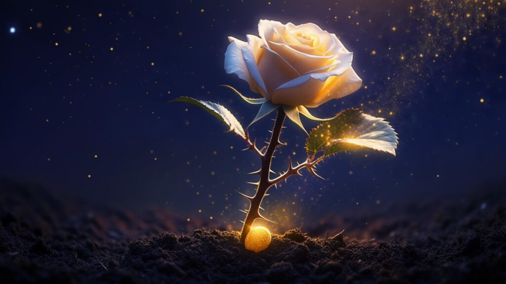 A escola da terra e evolução espiritual: a rosa luminosa florescendo na ponta de um caule espinhoso que se eleva de uma semente brilhante em solo escuro
